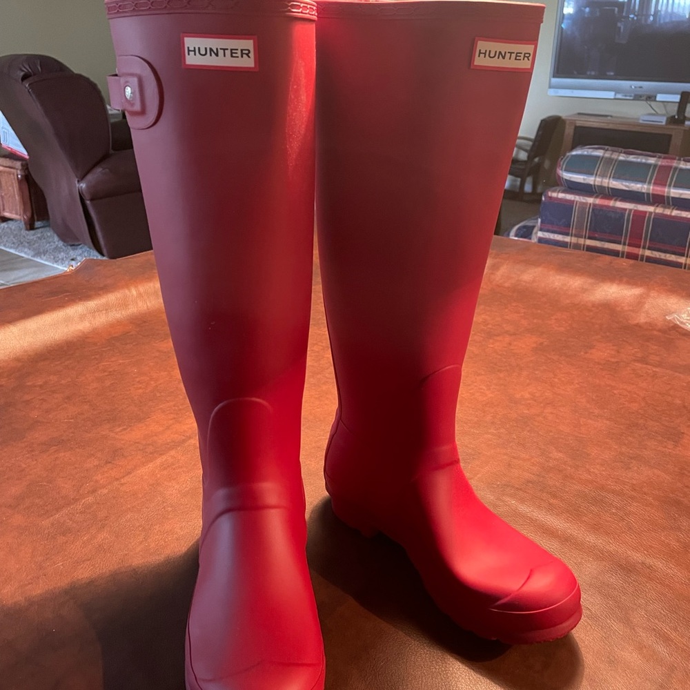 Red tall hunter boots